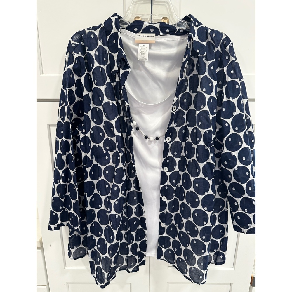 Alfred Dunner Woman 1X Navy White Polka Dot Shirt and Tank Set with Necklace